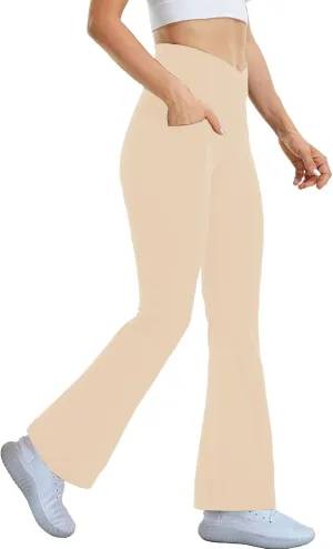 Flare Yoga Pants with Pockets for Women,High Waisted V Crossover Bootcut Yoga Leggings Stretchy Casual Workout Pants