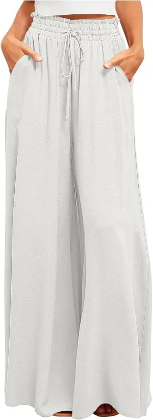 Flowy Wide Leg Pants for Women Ladies Elastic High Waist Palazzo Pants Solid Casual Beach Trousers Pocket Long Pant