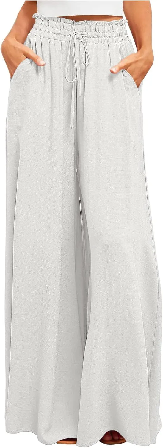 Flowy Wide Leg Pants for Women Ladies Elastic High Waist Palazzo Pants Solid Casual Beach Trousers Pocket Long Pant
