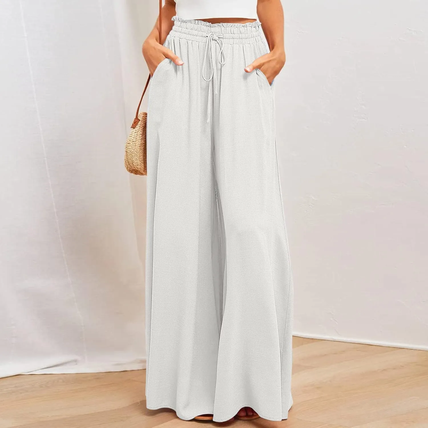 Flowy Wide Leg Pants for Women Ladies Elastic High Waist Palazzo Pants Solid Casual Beach Trousers Pocket Long Pant