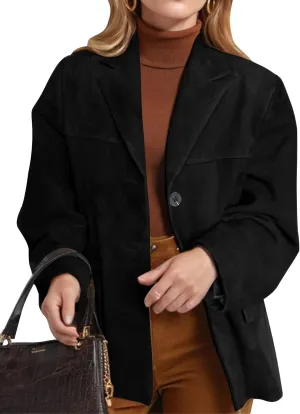 Flygo Womens Faux Suede Blazer Jacket Vintage Long Sleeve Button Down Casual Blazer Business Work Outfits(Black-S)