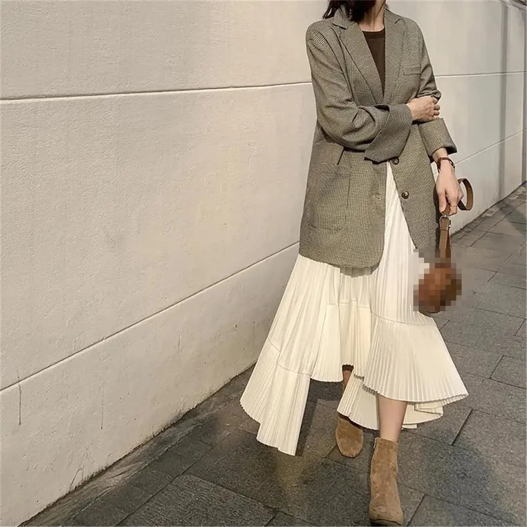 Fnfmrfmr Woman Black Gothic Irregular Pleated Skirt Color Elastic High Waist Stitching Ruffled Midi Skirt