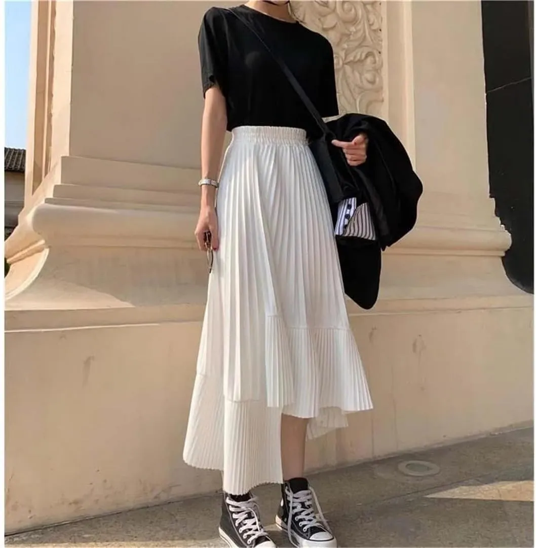Fnfmrfmr Woman Black Gothic Irregular Pleated Skirt Color Elastic High Waist Stitching Ruffled Midi Skirt