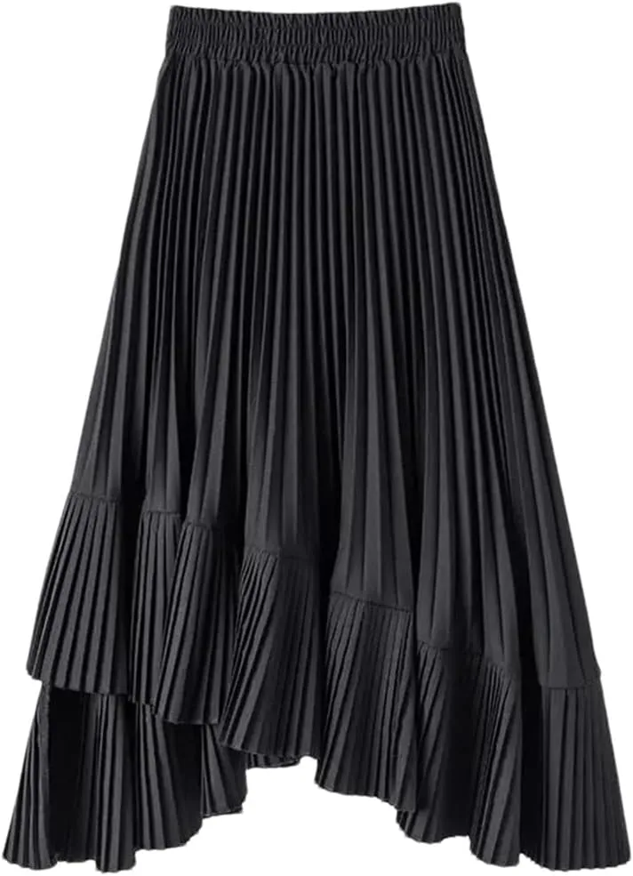 Fnfmrfmr Woman Black Gothic Irregular Pleated Skirt Color Elastic High Waist Stitching Ruffled Midi Skirt