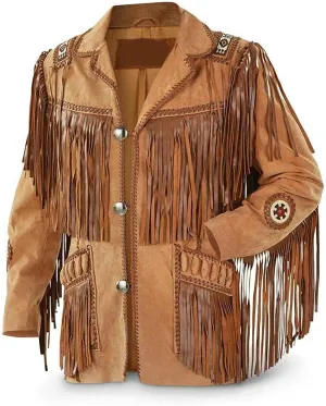 Fringe Jacket Men - Brown Western Cowboy Indian Leather Native American Suede Jacket Men