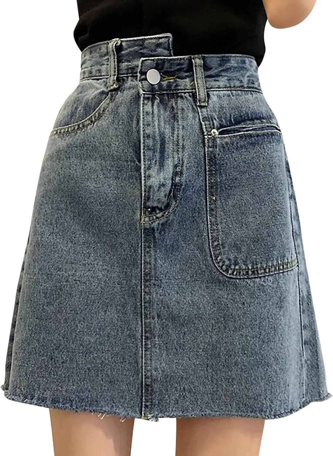 FZVYD Womens Denim Mini Skirt Ruffle Pleated 2025 Summer Trendy Short Dress A Line High Waist Mini Jean Skirt with Pockets