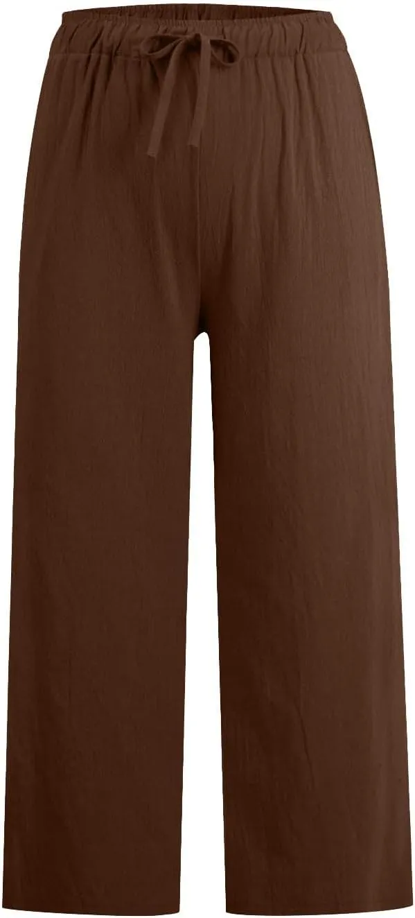 FZYLQY Cotton Linen Pants for Womens 2025 Wide Leg Cropped Lounge Trousers Drawstring Elastic Waist Summer Beach Pants