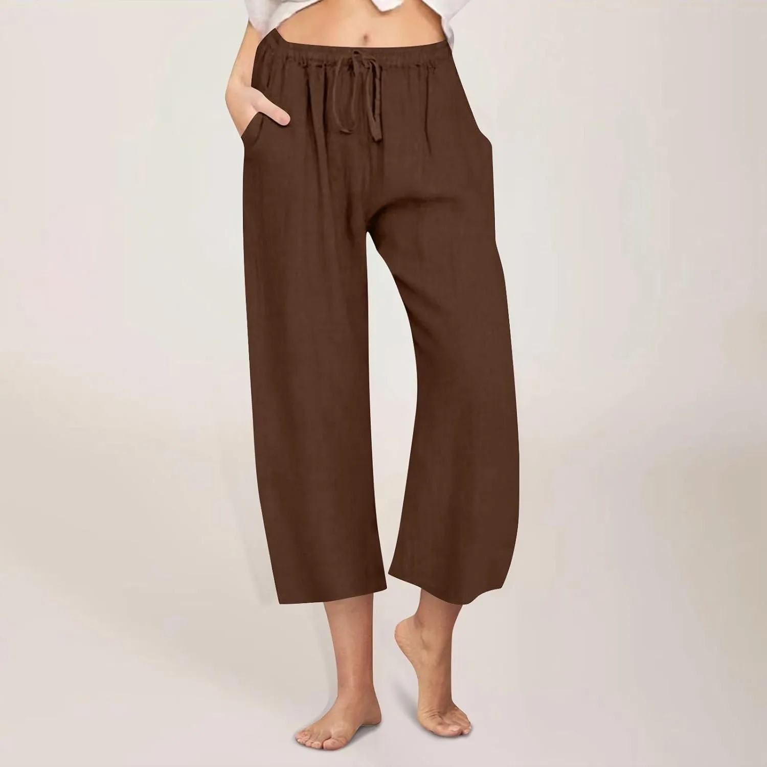 FZYLQY Cotton Linen Pants for Womens 2025 Wide Leg Cropped Lounge Trousers Drawstring Elastic Waist Summer Beach Pants