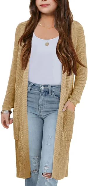 Girl's Open Front Cardigan Long Sleeve Knit Sweaters Lightweight Summer Solid Loose Outerwear Coats with Pockets