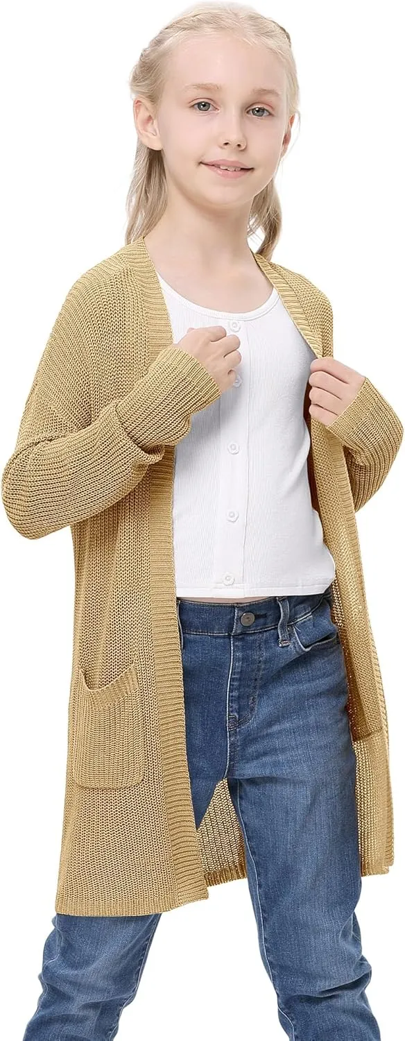 Girl's Open Front Cardigan Long Sleeve Knit Sweaters Lightweight Summer Solid Loose Outerwear Coats with Pockets