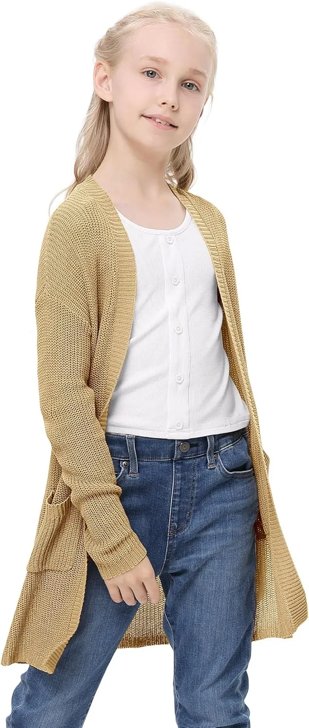 Girl's Open Front Cardigan Long Sleeve Knit Sweaters Lightweight Summer Solid Loose Outerwear Coats with Pockets