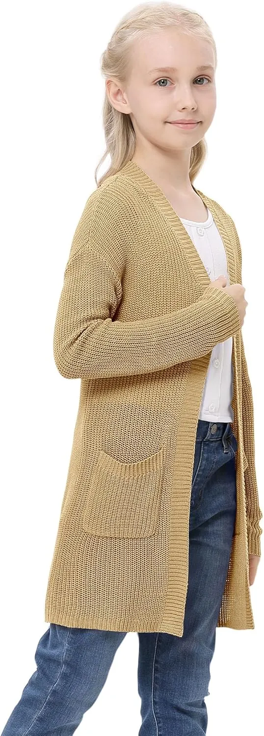 Girl's Open Front Cardigan Long Sleeve Knit Sweaters Lightweight Summer Solid Loose Outerwear Coats with Pockets