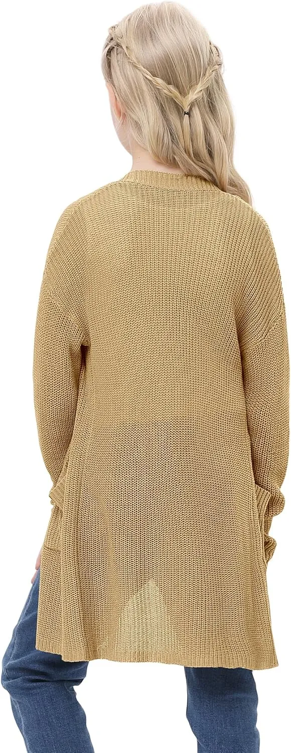Girl's Open Front Cardigan Long Sleeve Knit Sweaters Lightweight Summer Solid Loose Outerwear Coats with Pockets
