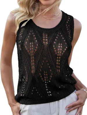 GRACE KARIN Womens 2025 Summer Crochet Knit Tank Tops Sleeveless Hollow Out Casual Crew Neck Sweater Vest Cover Up