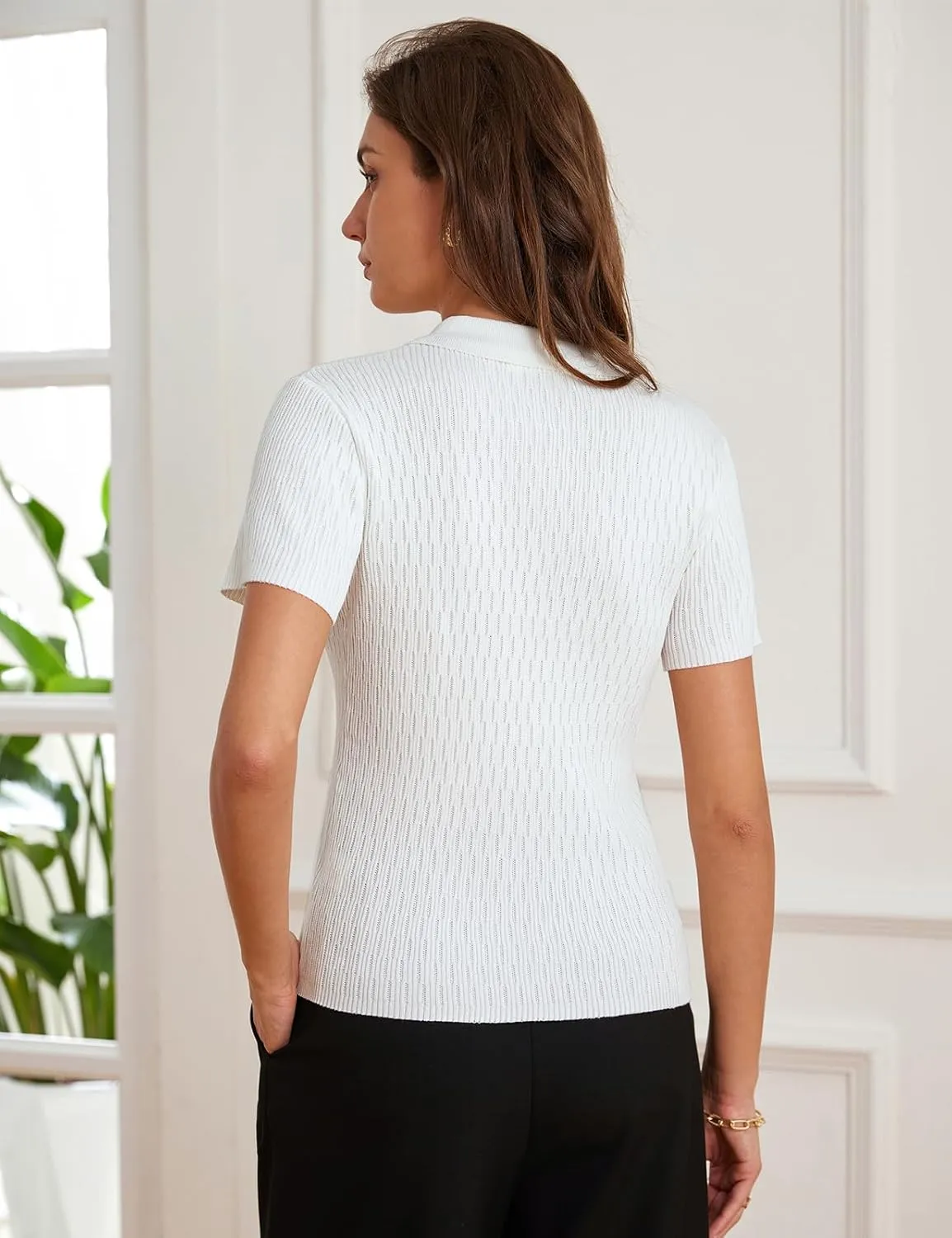 GRACE KARIN Womens 2025 Summer Short Sleeve Sweater V Neck Knitted Polo Shirt Lightweight Collared Pullover Sweater