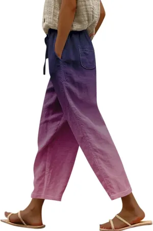 Gradient Color Pants for Women Summer Lacing Up High Waisted Tapered Trousers Lightweight Quick Dry Loose Capris with Pockets