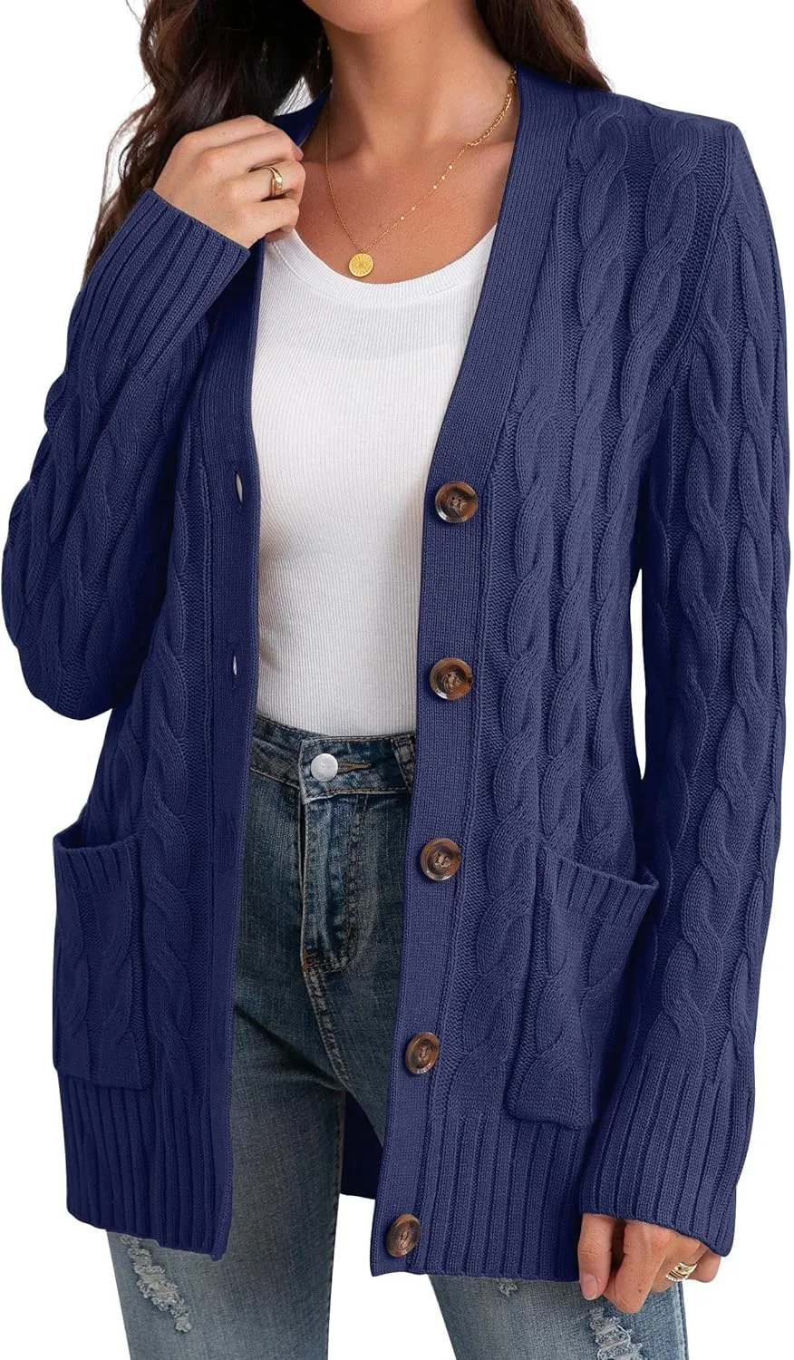 GRECERELLE Women's Long Sleeve Loose Knit Cable Open Front Button Down Cardigan Sweater Outerwear Coat with Pockets