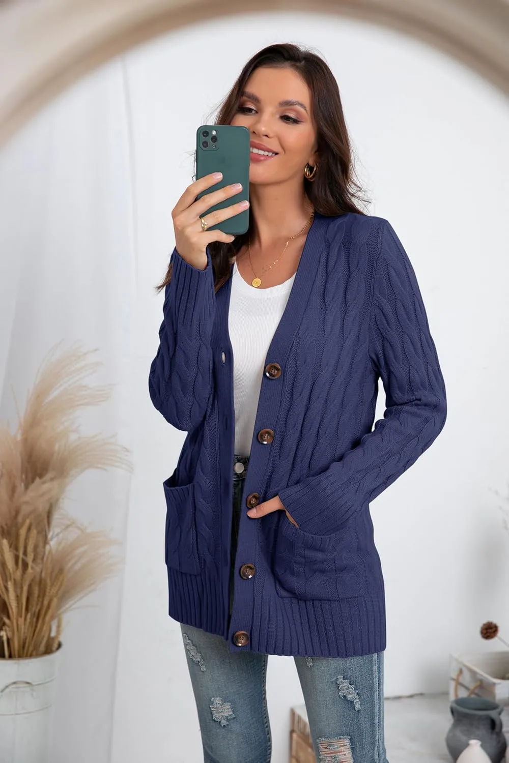 GRECERELLE Women's Long Sleeve Loose Knit Cable Open Front Button Down Cardigan Sweater Outerwear Coat with Pockets