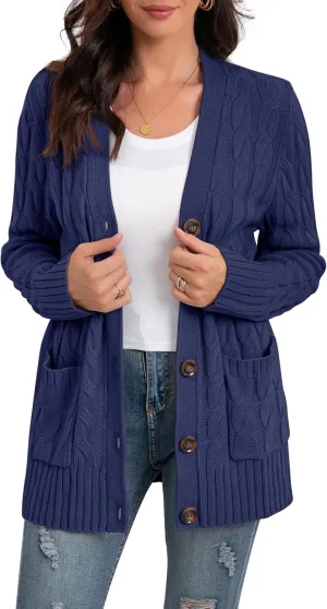 GRECERELLE Women's Long Sleeve Loose Knit Cable Open Front Button Down Cardigan Sweater Outerwear Coat with Pockets