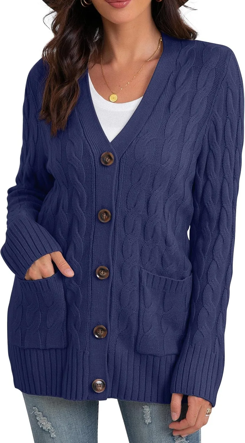 GRECERELLE Women's Long Sleeve Loose Knit Cable Open Front Button Down Cardigan Sweater Outerwear Coat with Pockets