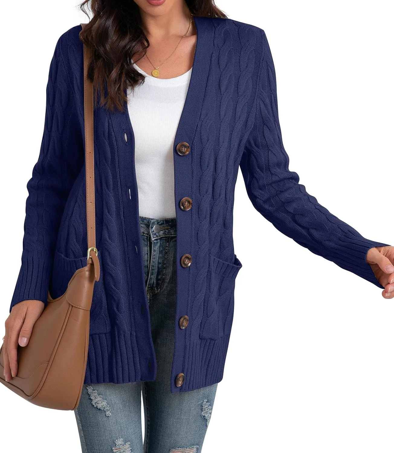 GRECERELLE Women's Long Sleeve Loose Knit Cable Open Front Button Down Cardigan Sweater Outerwear Coat with Pockets