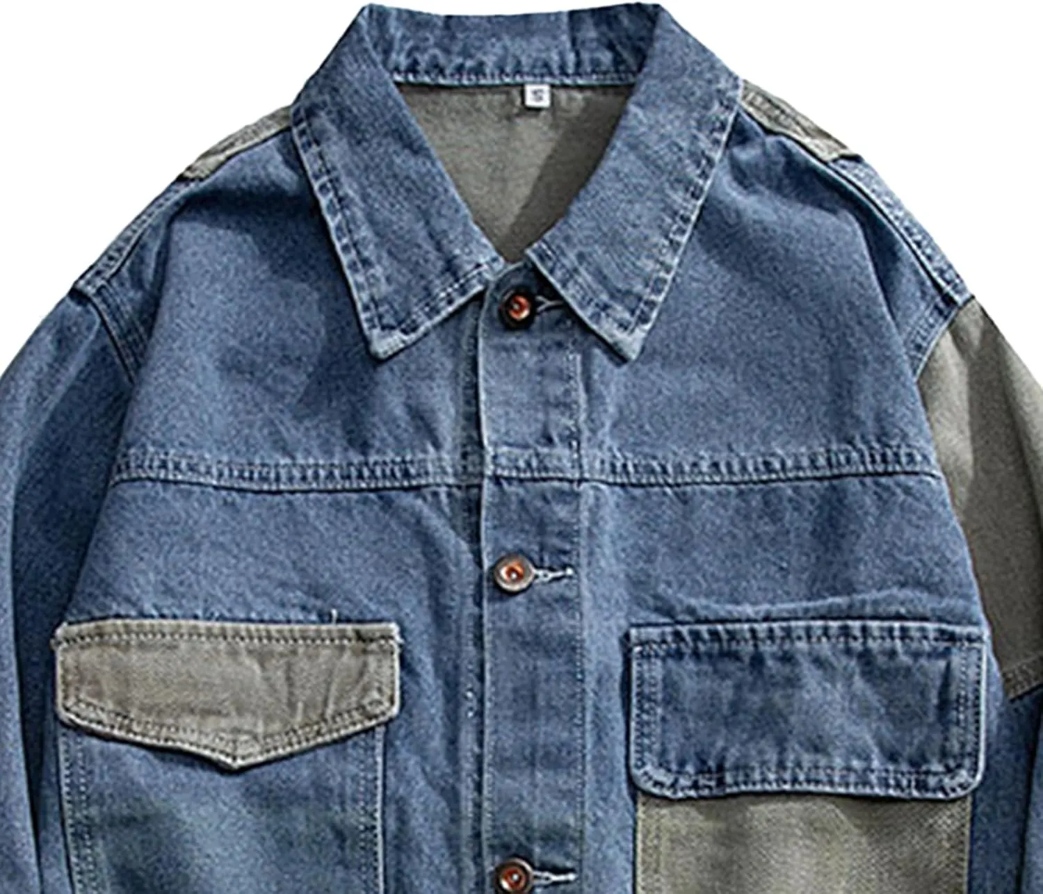 GURUNVANI Patchwork Denim Jacket Mens Oversized Jean Coat Button Down Outwear Tops