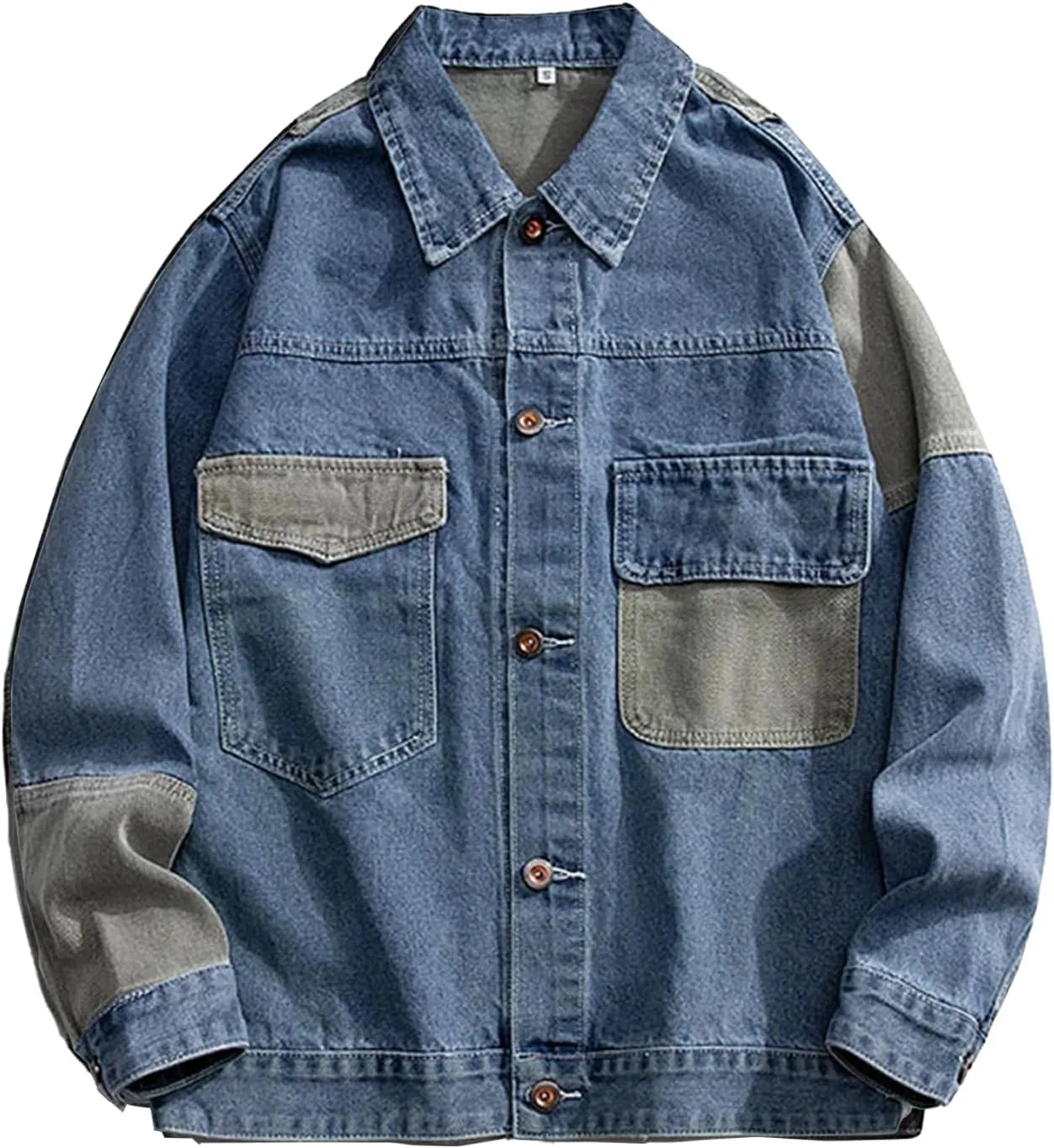 GURUNVANI Patchwork Denim Jacket Mens Oversized Jean Coat Button Down Outwear Tops