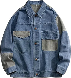 GURUNVANI Patchwork Denim Jacket Mens Oversized Jean Coat Button Down Outwear Tops