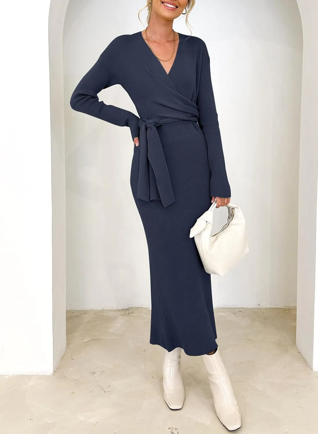 Happy Sailed Womens Knit Dress Spring Long Sleeve Wrap V Neck Tie Waist Ribbed Sweater Dresses