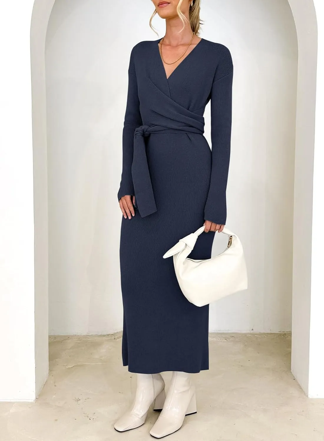 Happy Sailed Womens Knit Dress Spring Long Sleeve Wrap V Neck Tie Waist Ribbed Sweater Dresses