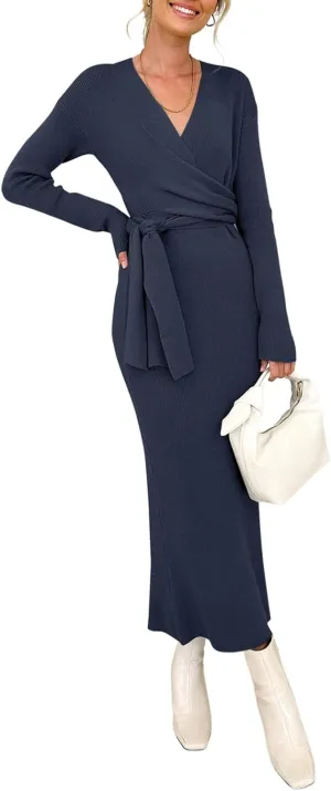 Happy Sailed Womens Knit Dress Spring Long Sleeve Wrap V Neck Tie Waist Ribbed Sweater Dresses