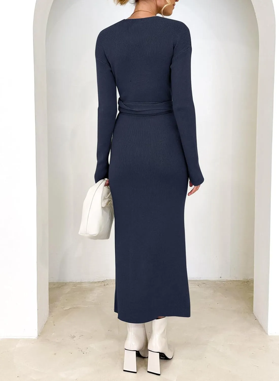 Happy Sailed Womens Knit Dress Spring Long Sleeve Wrap V Neck Tie Waist Ribbed Sweater Dresses