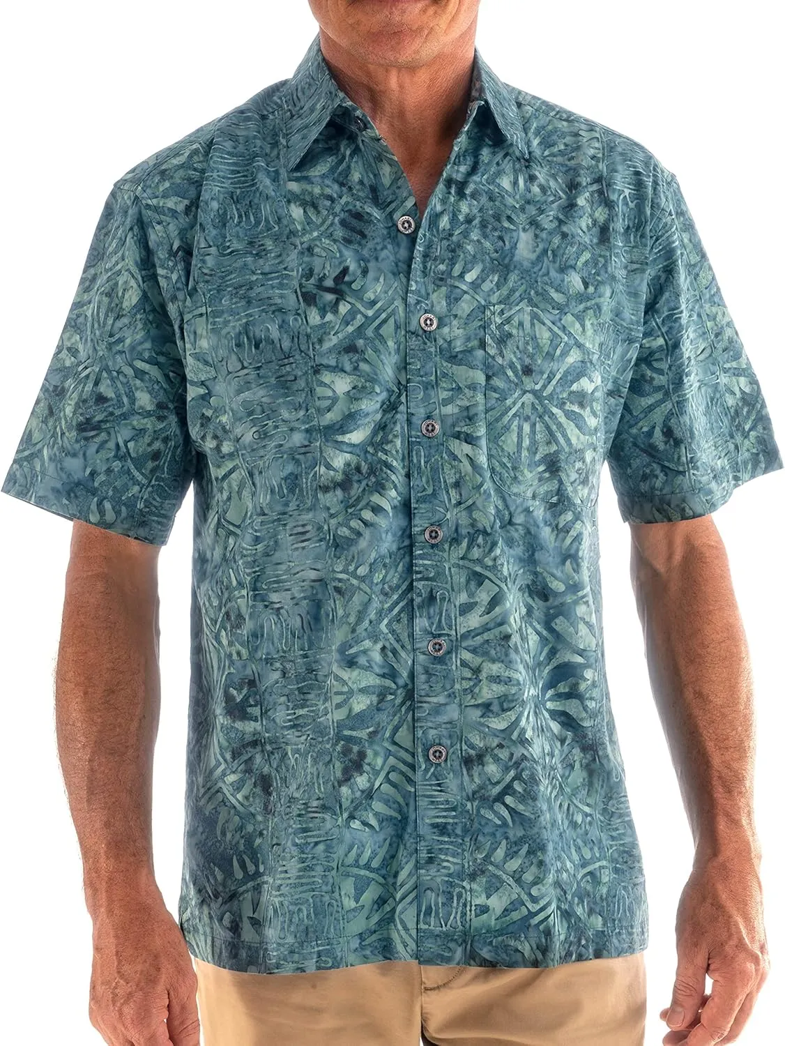 Hawaiian Short Sleeve Cotton Button-Down Batik Shirt for Men (Geometric Forest)