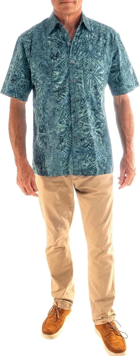 Hawaiian Short Sleeve Cotton Button-Down Batik Shirt for Men (Geometric Forest)