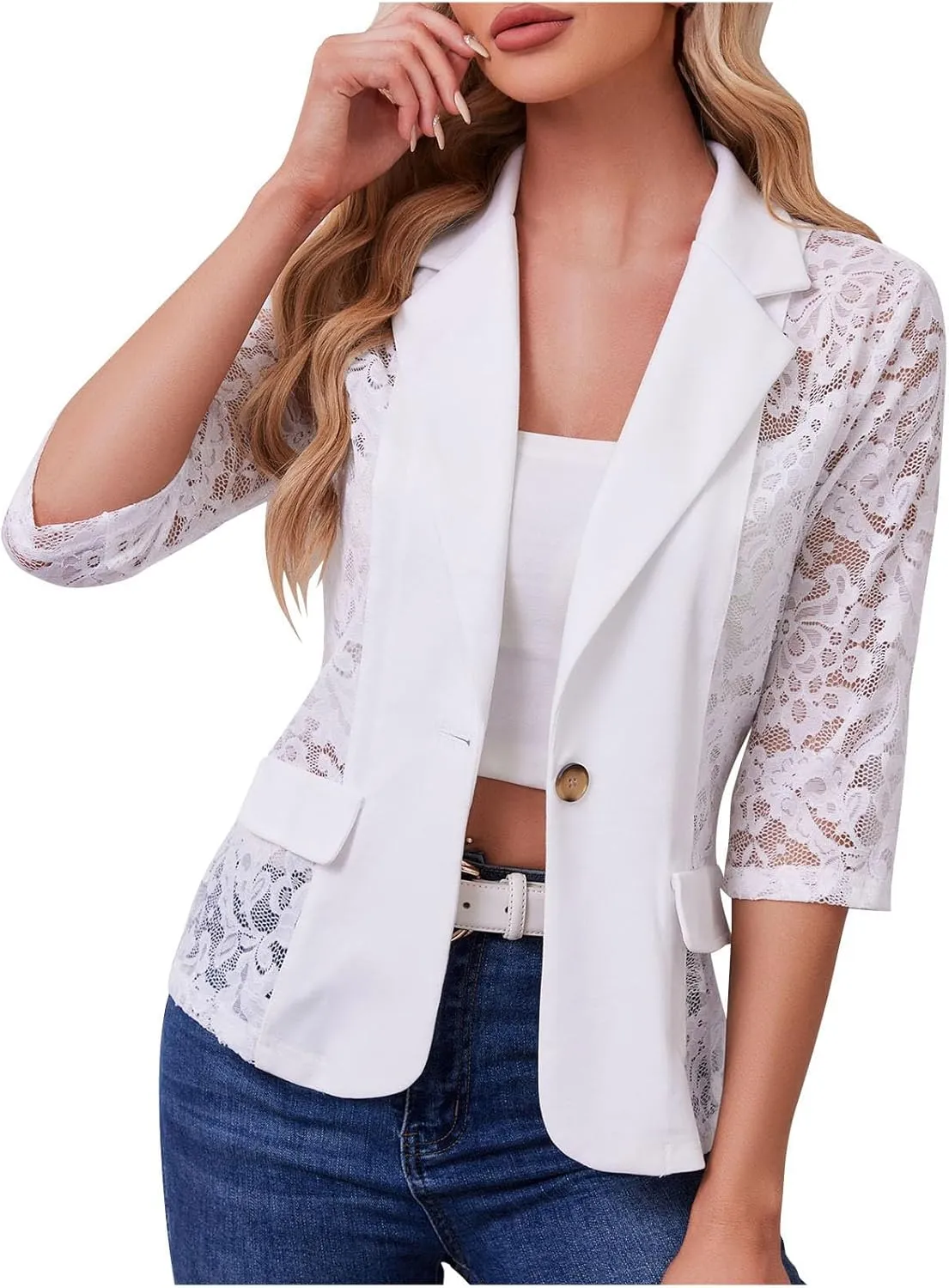HGps8w Women's Floral Lace Sheer Cardigans, Dressy 3/4 Sleeve Blazers Casual Lightweight Open Front Beach Coverups Shirts