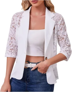HGps8w Women's Floral Lace Sheer Cardigans, Dressy 3/4 Sleeve Blazers Casual Lightweight Open Front Beach Coverups Shirts