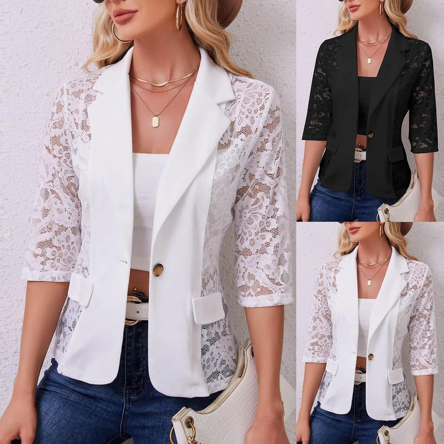 HGps8w Women's Floral Lace Sheer Cardigans, Dressy 3/4 Sleeve Blazers Casual Lightweight Open Front Beach Coverups Shirts