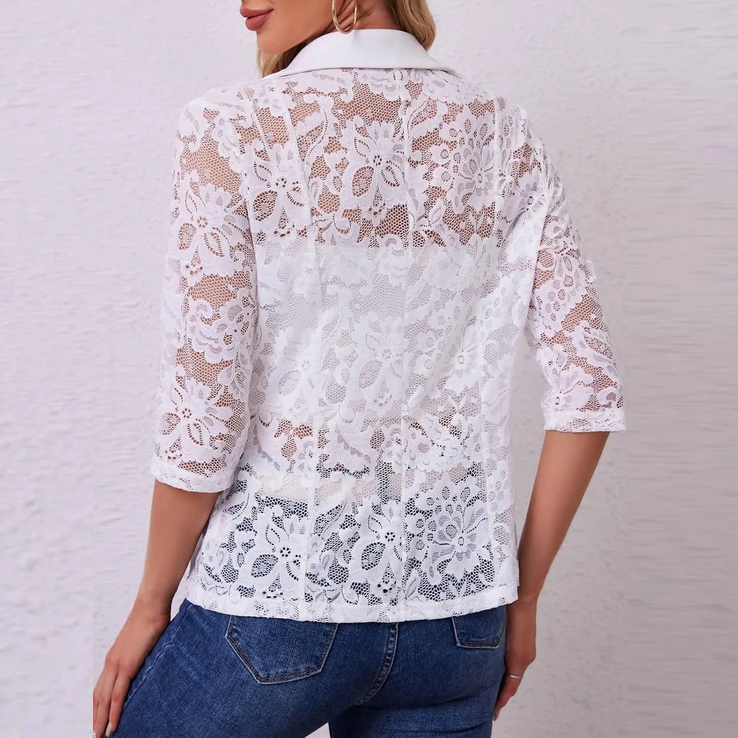 HGps8w Women's Floral Lace Sheer Cardigans, Dressy 3/4 Sleeve Blazers Casual Lightweight Open Front Beach Coverups Shirts