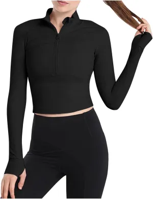 HGps8w Workout Shirts for Women Quick Dry Long Sleeve Crop Tops Slim Fit Running Athletic Sports T Shirt with Thumb Hole