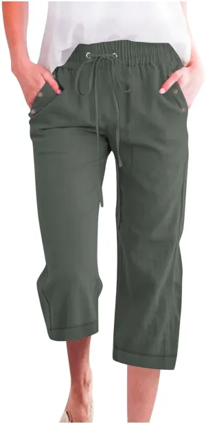 hlysgo Capri Pants for Women High Waisted Drawstring Cotton Linen Casual Pants 2025 Summer Comfy Plus Size Cropped Trouser