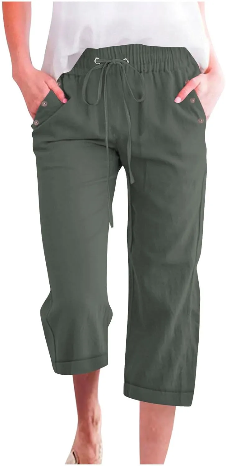 hlysgo Capri Pants for Women High Waisted Drawstring Cotton Linen Casual Pants 2025 Summer Comfy Plus Size Cropped Trouser
