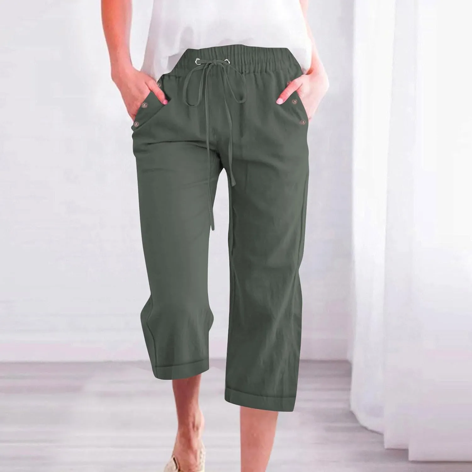 hlysgo Capri Pants for Women High Waisted Drawstring Cotton Linen Casual Pants 2025 Summer Comfy Plus Size Cropped Trouser
