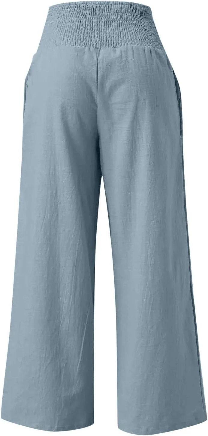 hlysgo Wide Leg Pants Women Smocked Waist Loose Fit Lounge Pants Fashion High Waisted Cotton Linen Straight Trouser Pants