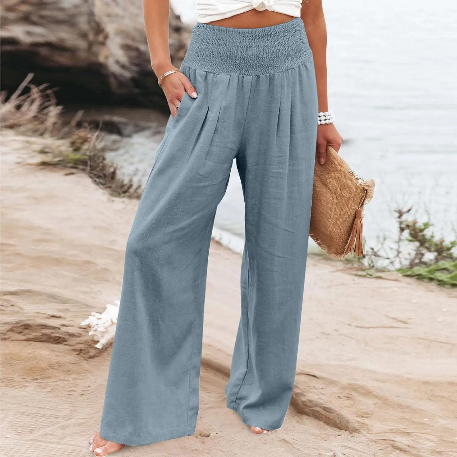 hlysgo Wide Leg Pants Women Smocked Waist Loose Fit Lounge Pants Fashion High Waisted Cotton Linen Straight Trouser Pants