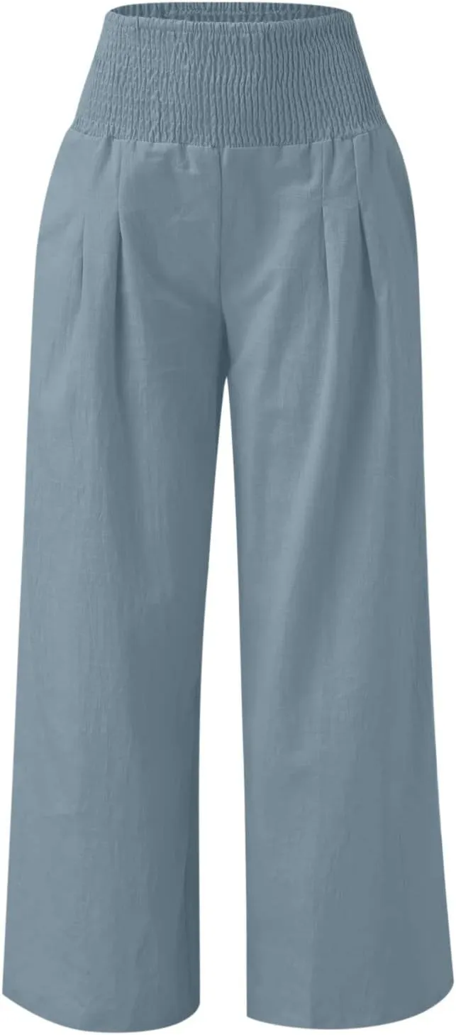 hlysgo Wide Leg Pants Women Smocked Waist Loose Fit Lounge Pants Fashion High Waisted Cotton Linen Straight Trouser Pants