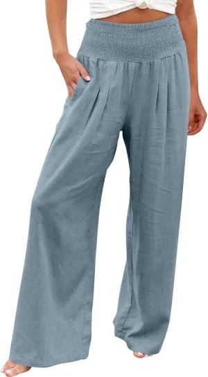 hlysgo Wide Leg Pants Women Smocked Waist Loose Fit Lounge Pants Fashion High Waisted Cotton Linen Straight Trouser Pants
