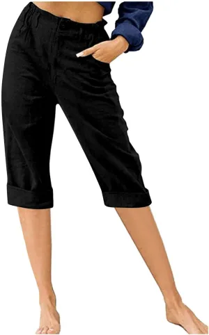 hlysgo Women's Casual Capri Pants High Waisted Cotton Linen Pants Summer Loose Comfy Beach Cropped Trouser with Pockets