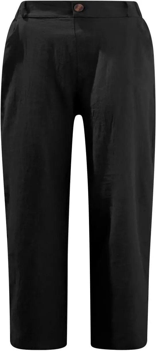 hlysgo Women's Casual Capri Pants High Waisted Cotton Linen Pants Summer Loose Comfy Beach Cropped Trouser with Pockets