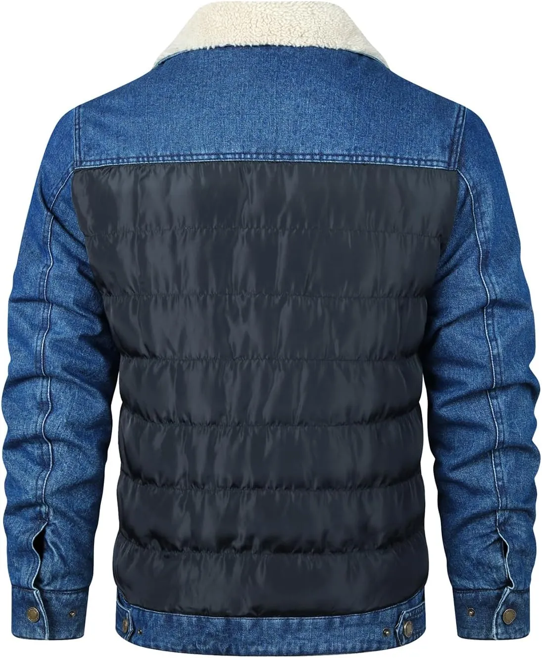 INVACHI Mens Denim Trucker Jacket Lapel Sherpa Fleece Lined with Down Patchwork and Pockets