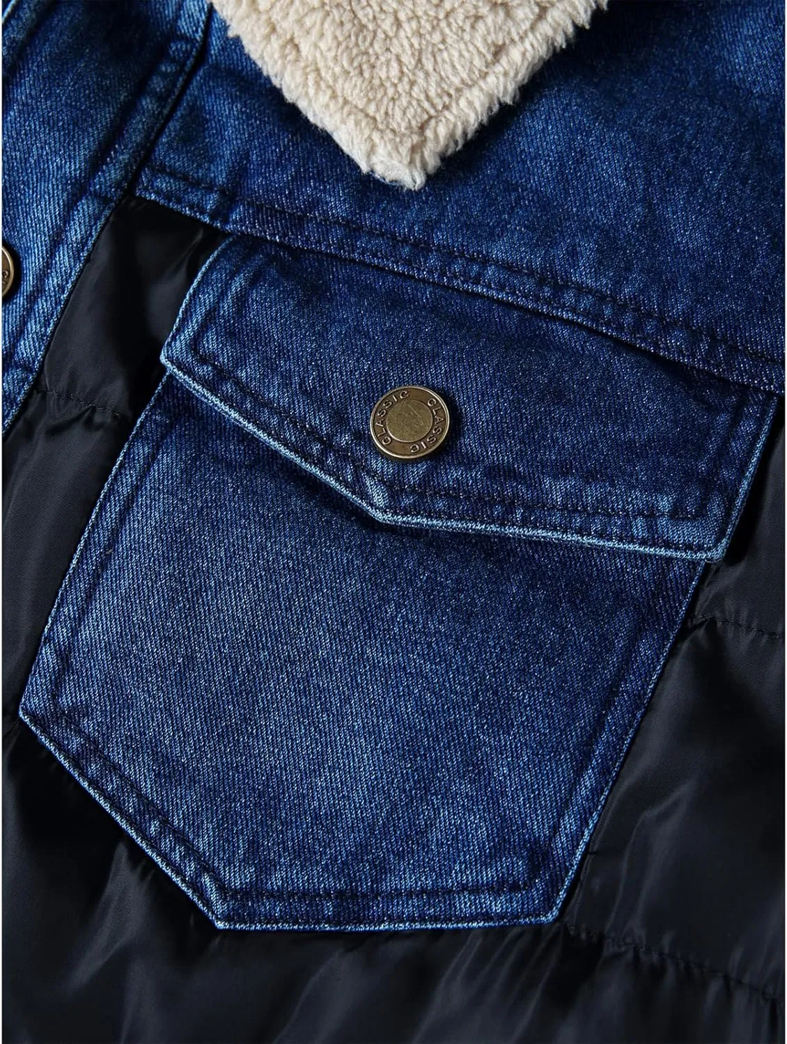 INVACHI Mens Denim Trucker Jacket Lapel Sherpa Fleece Lined with Down Patchwork and Pockets